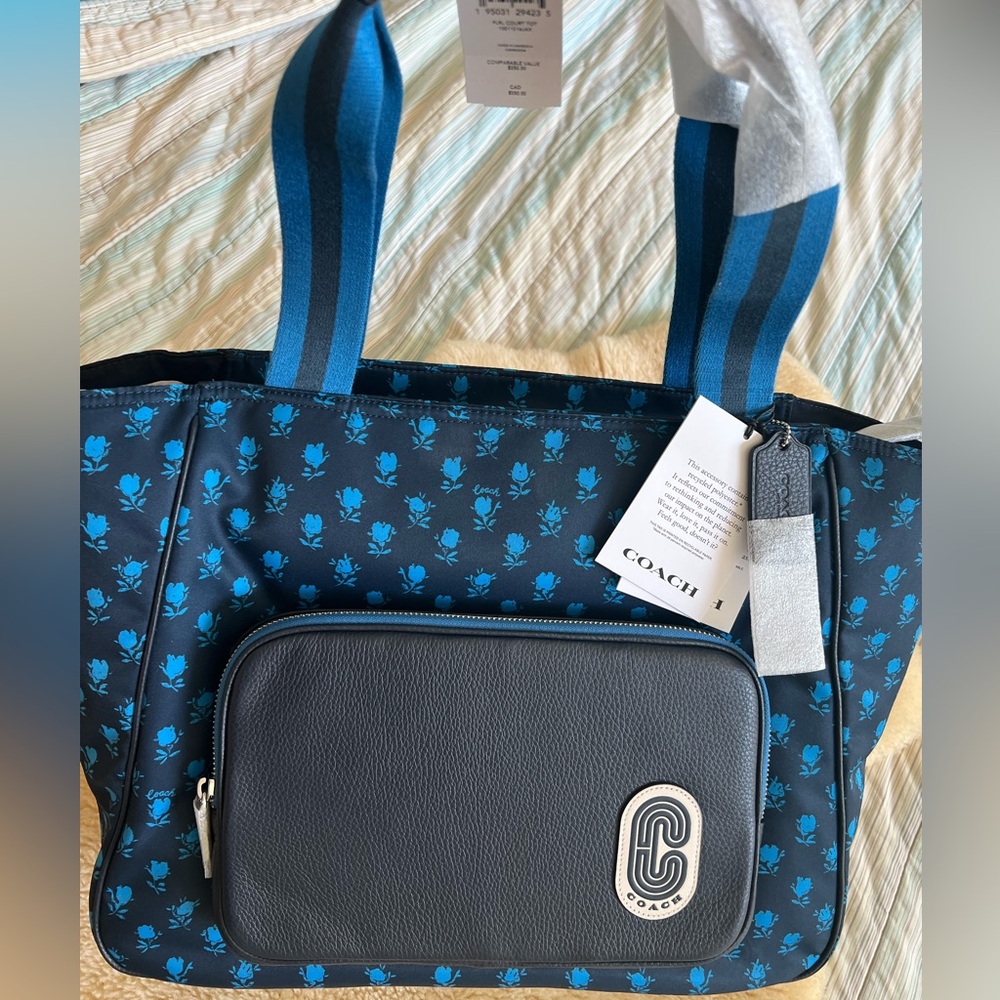 COACH NWT Blue Floral Nylon Tote with Leather Front Pocket